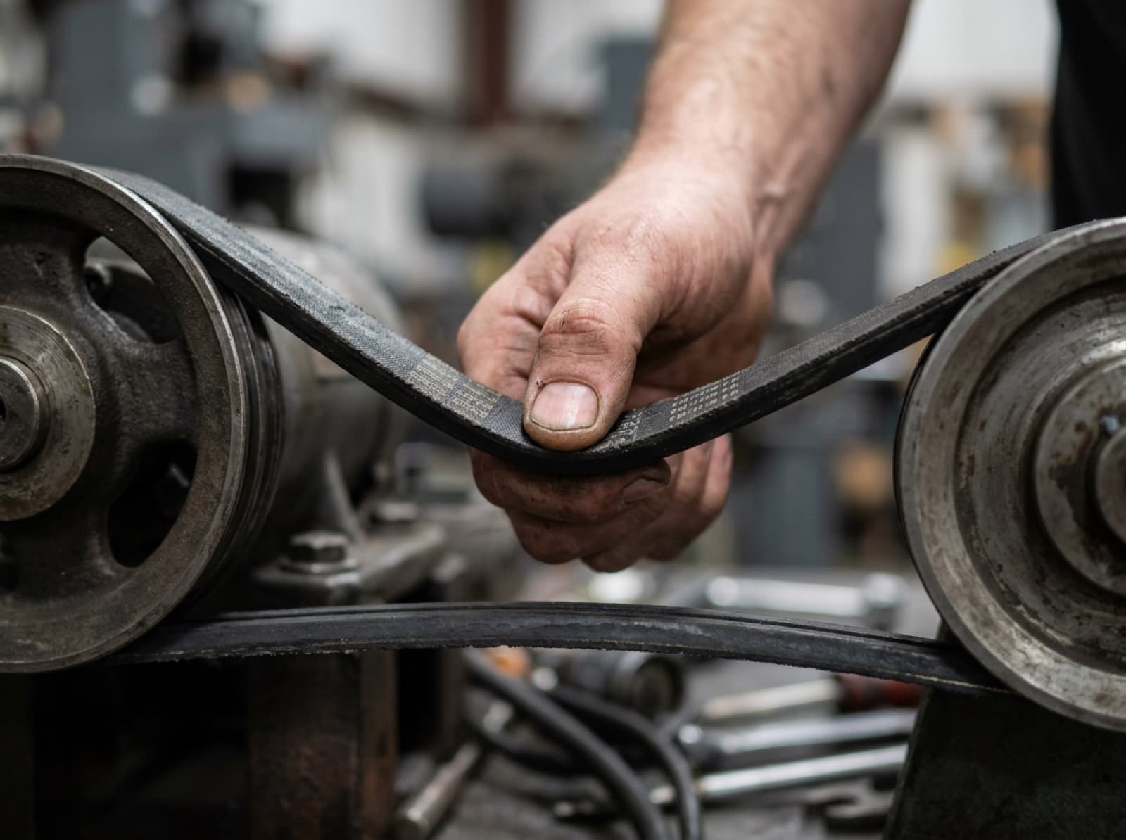 Thumb pressing the mid-span of a tensioned V-belt to check deflection