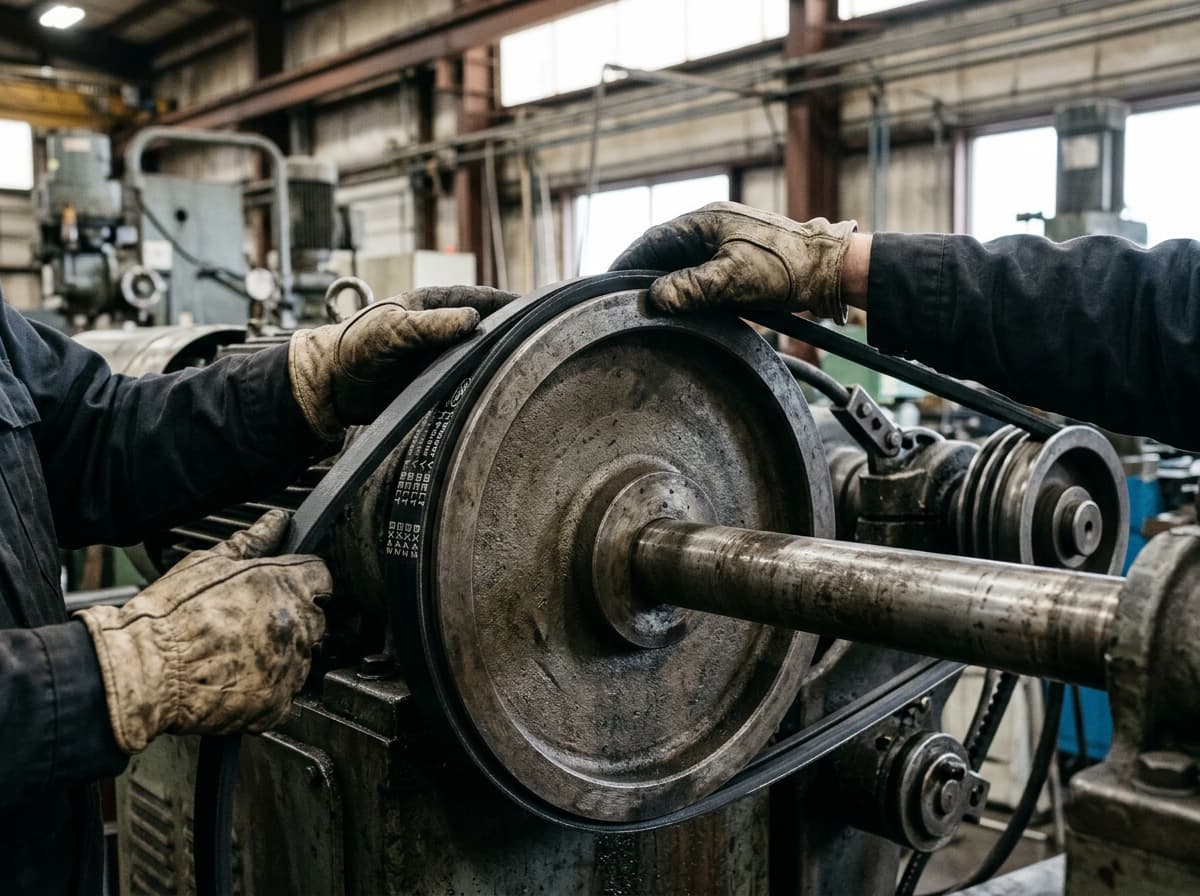 Gloved hands easing a V-belt into a pulley groove with the drive slackened