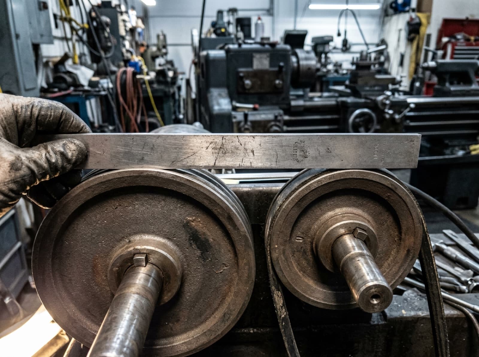 Steel straightedge held across two pulley faces to check belt drive alignment