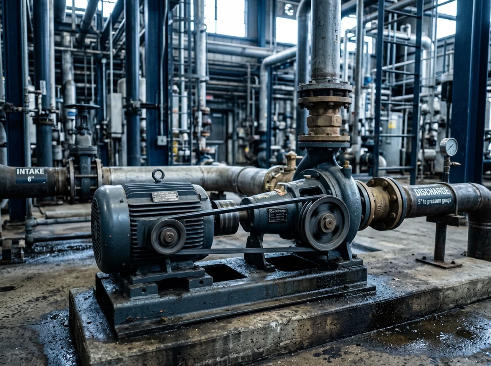 Belt-driven centrifugal water pump in an industrial plant