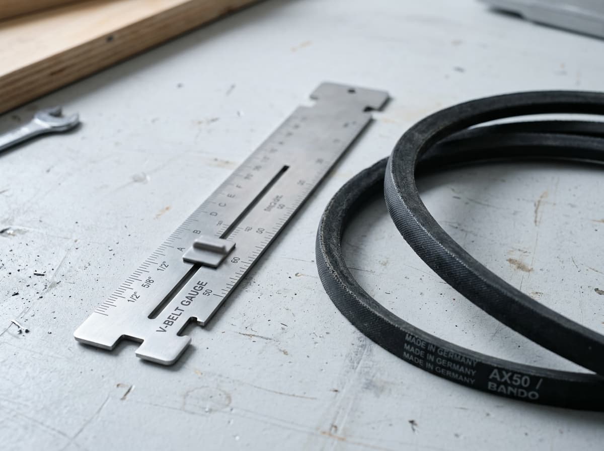 Steel V-belt measuring gauge lying next to two V-belts on a workbench