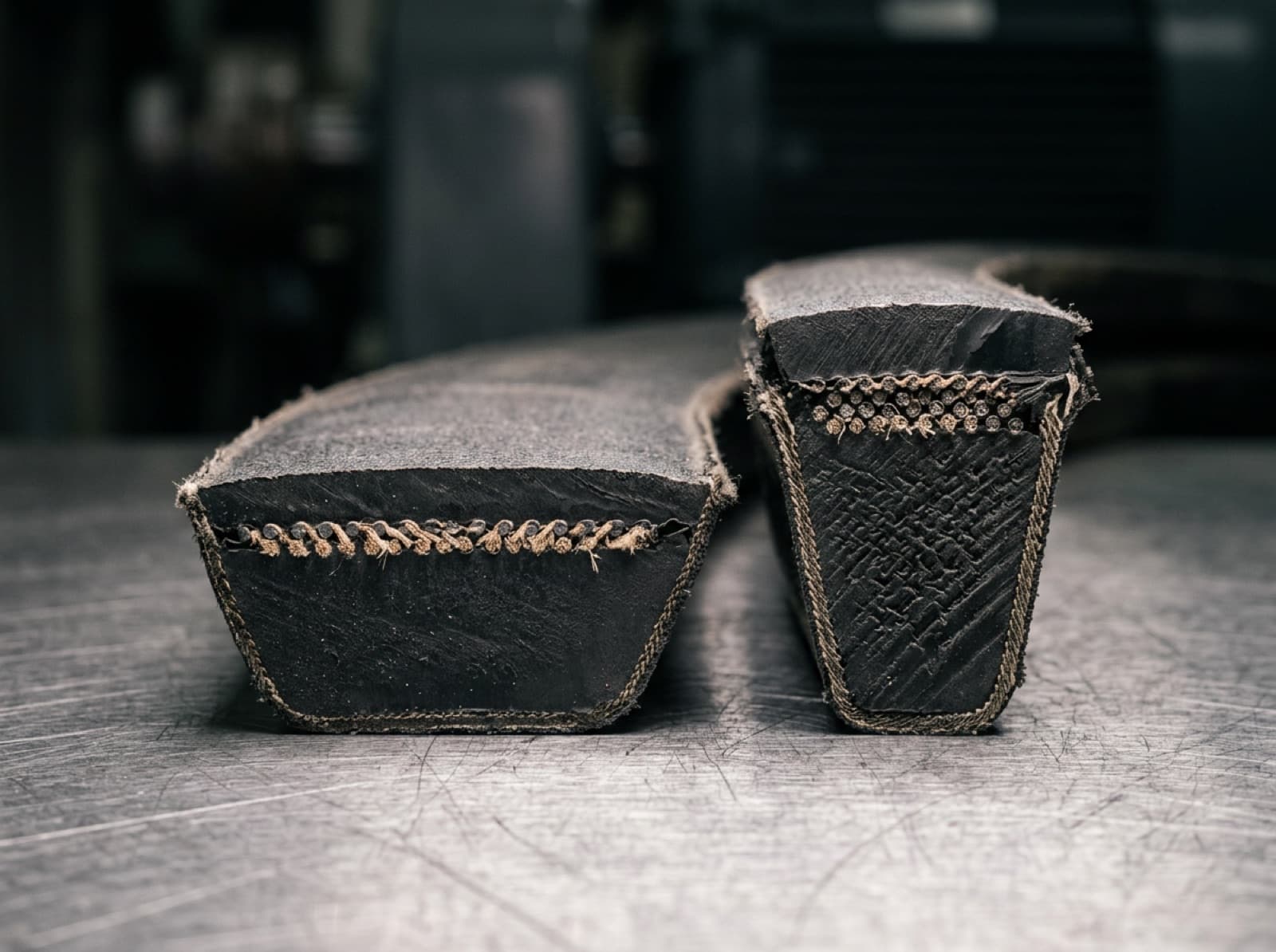 Macro photo of a wide shallow classical V-belt cross-section next to a narrower deeper wedge belt section