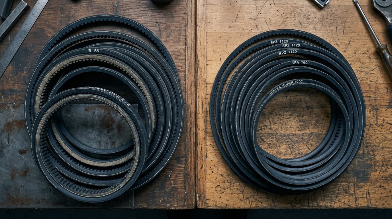 Classical section V-belts beside visibly narrower wedge belts on a workbench