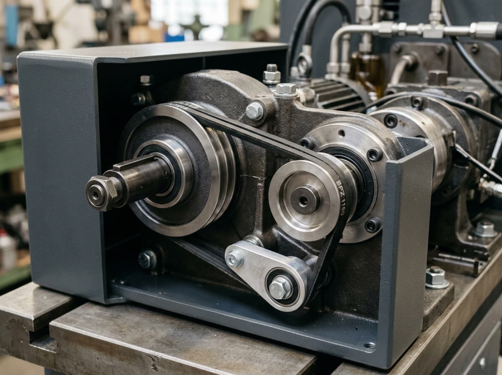 Compact machine drive using two narrow wedge belts on small pulleys