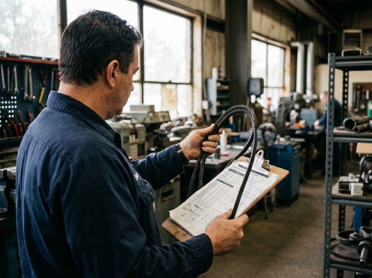 Maintenance engineer comparing a V-belt against a reference chart on a clipboard