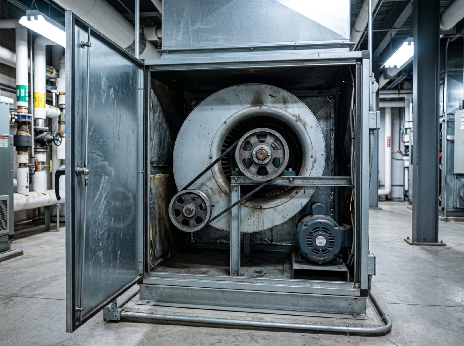 Commercial HVAC air handling unit with belt-driven centrifugal fan