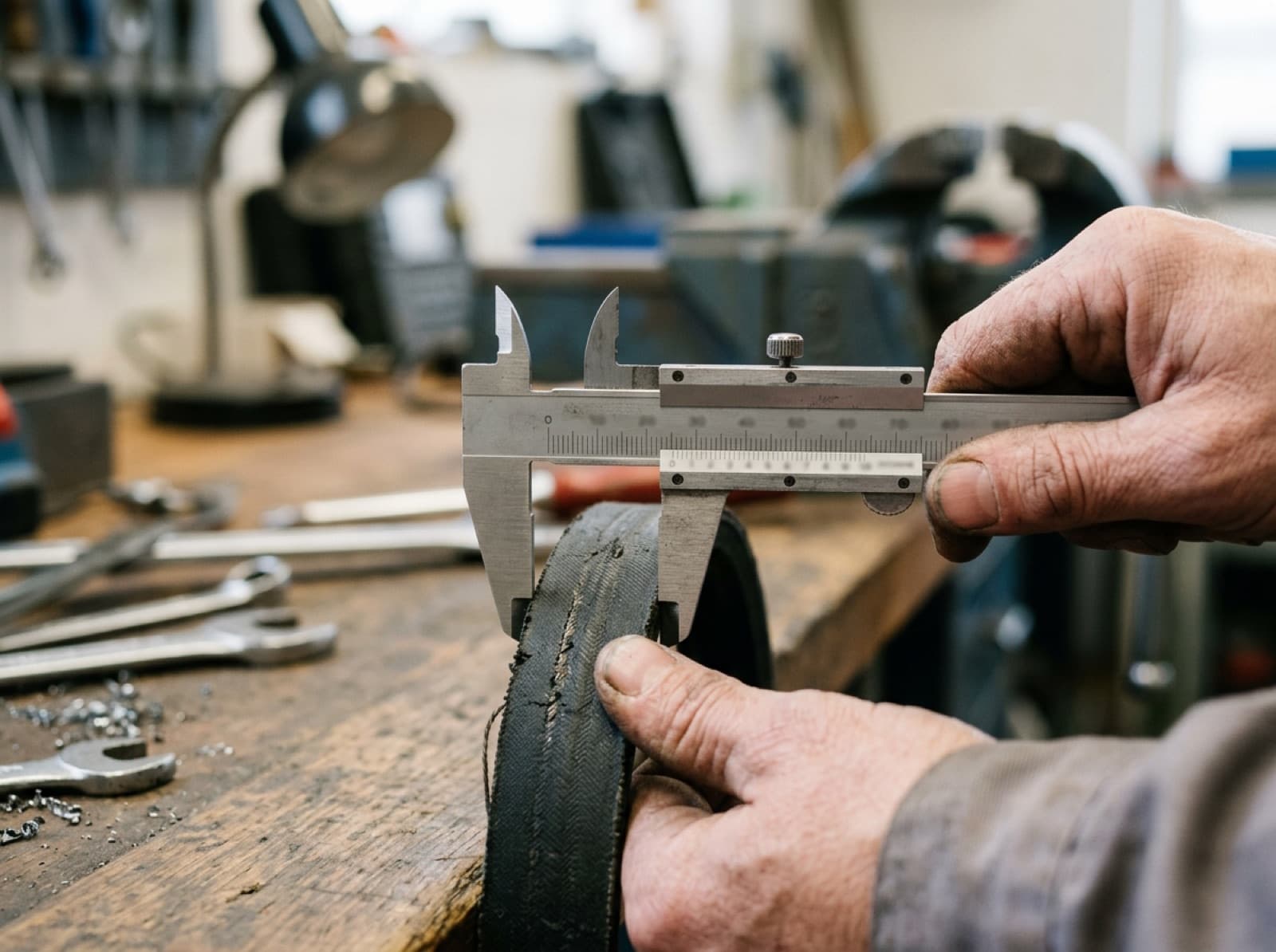 Vernier calipers measuring the top width of a V-belt