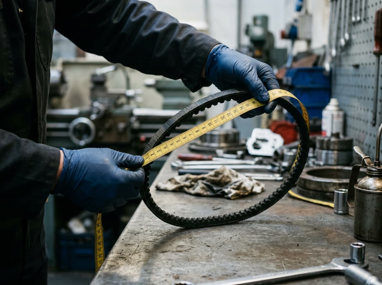 Hands wrapping a cloth measuring tape around the outside of a V-belt