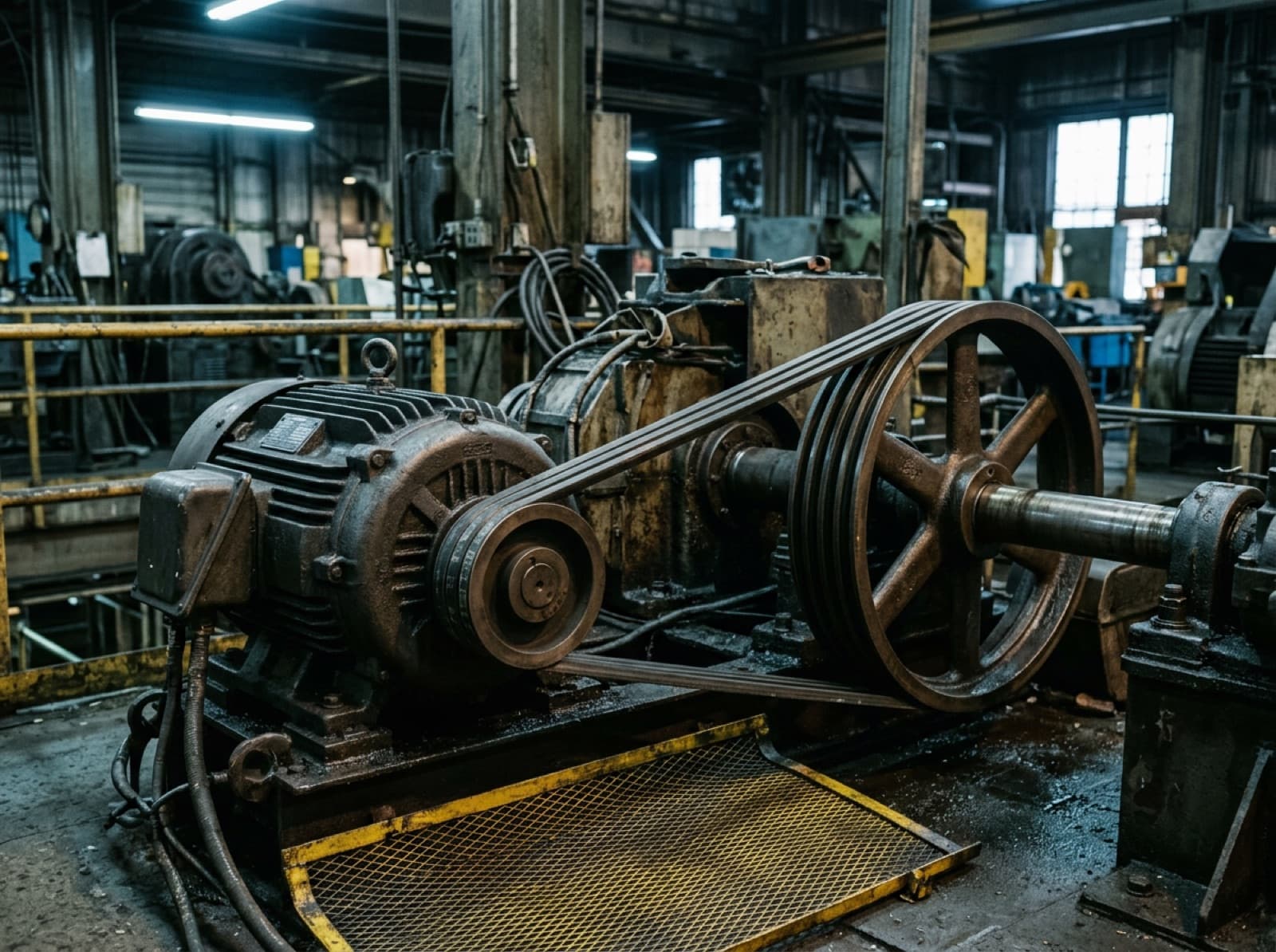 Industrial drive with four parallel V-belts running between motor and driven pulley