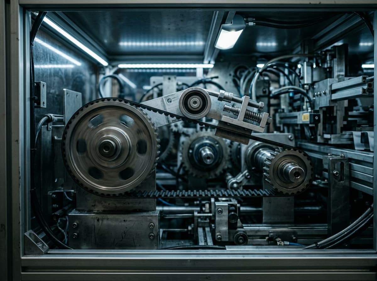 Synchronous timing belt drive with tensioner inside an industrial packaging machine