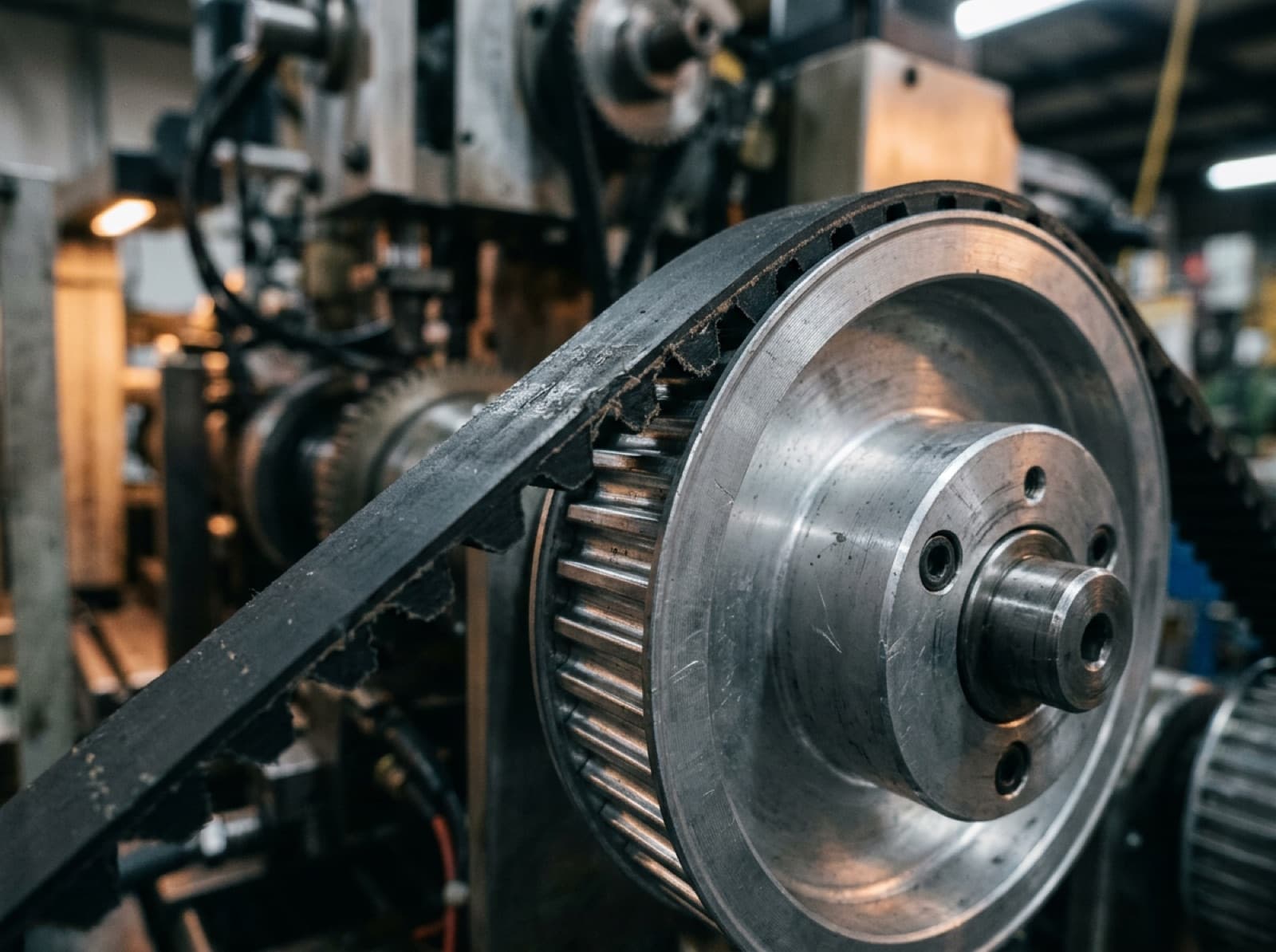 Timing belt teeth meshing precisely with a toothed aluminium pulley