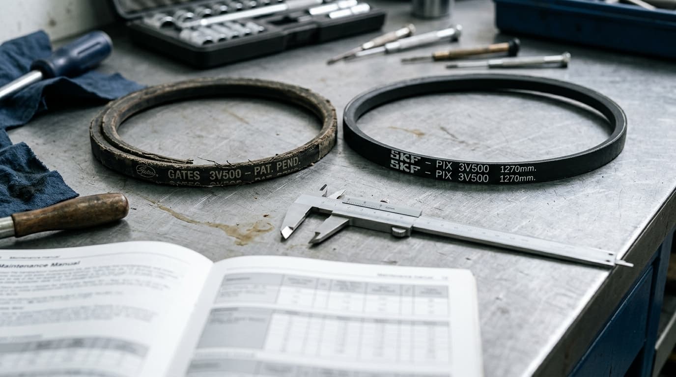 Old and new V-belts laid side by side on an engineer's workbench for comparison