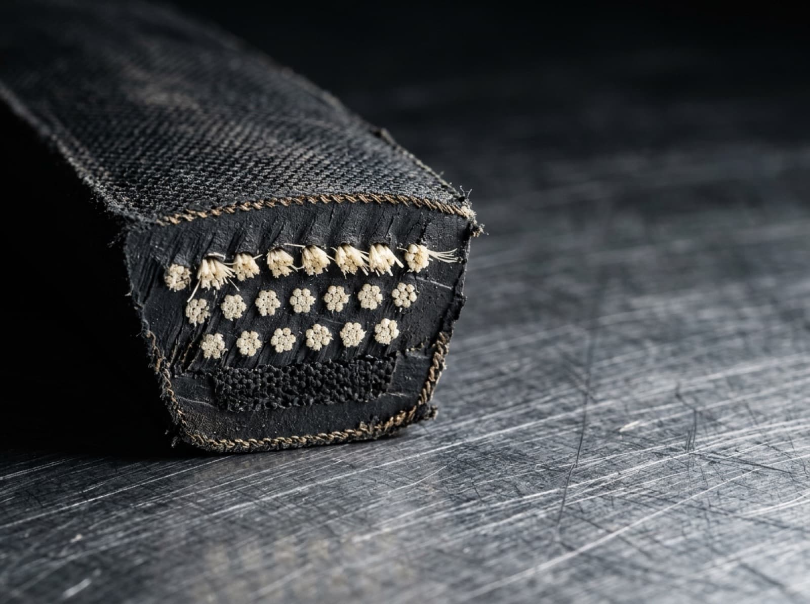 Macro photo of a V-belt cross-section showing the trapezoidal profile and internal cords