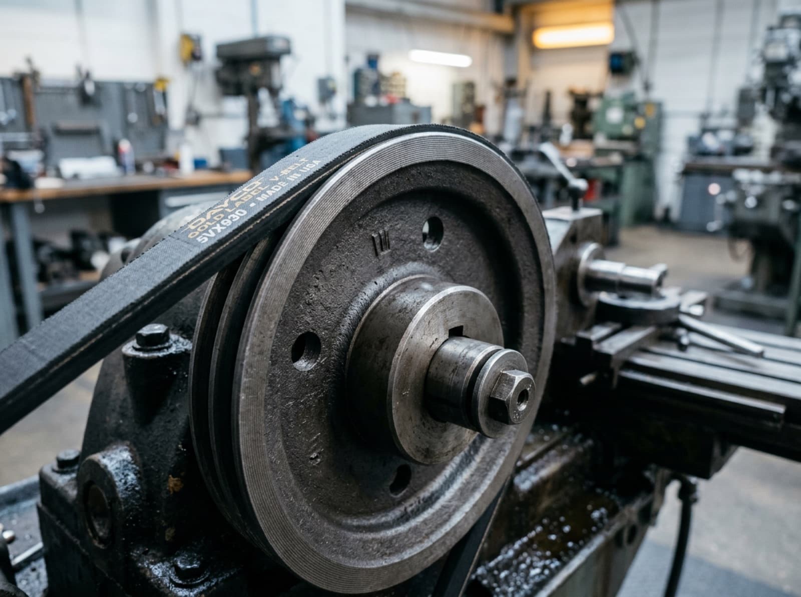 V-belt correctly seated in a cast iron pulley groove with the top edge flush with the rim