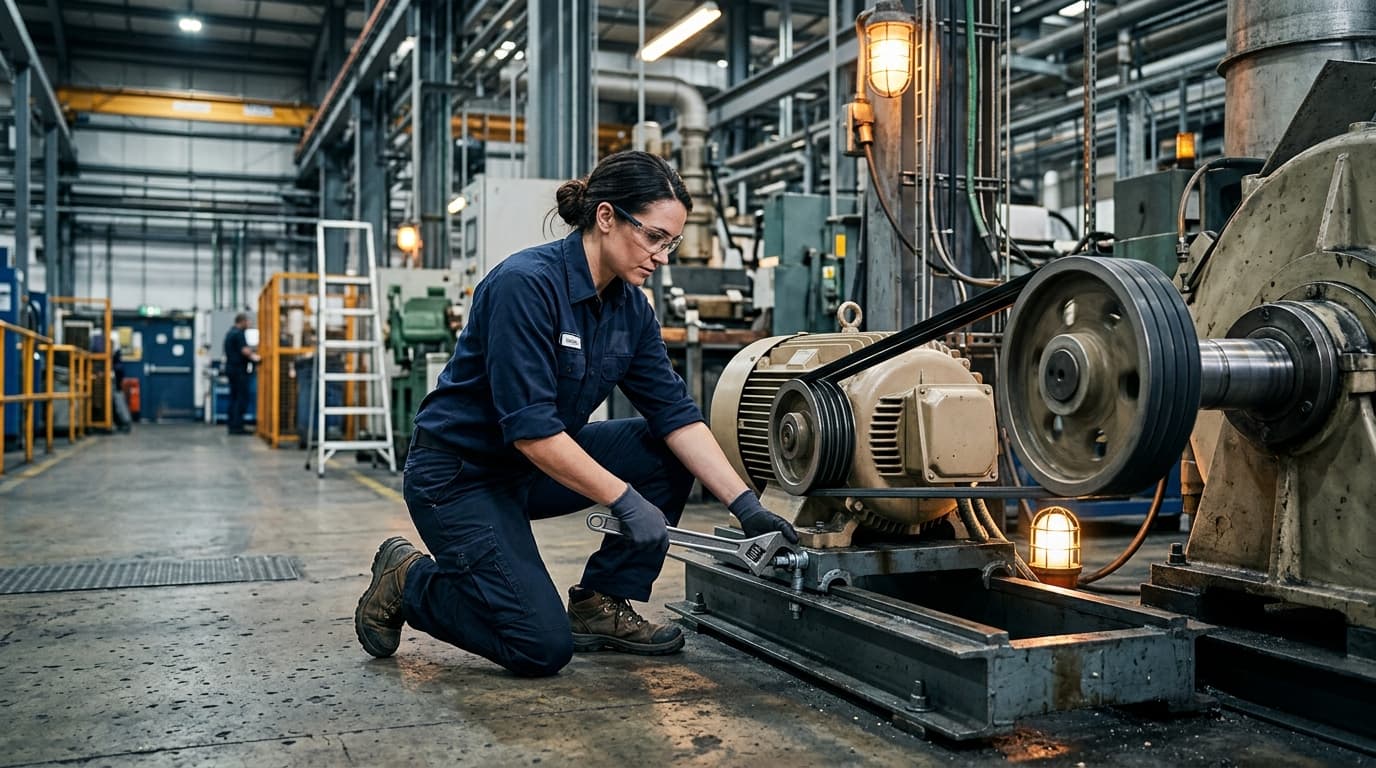 Technician tensioning a twin V-belt drive on an electric motor slide base