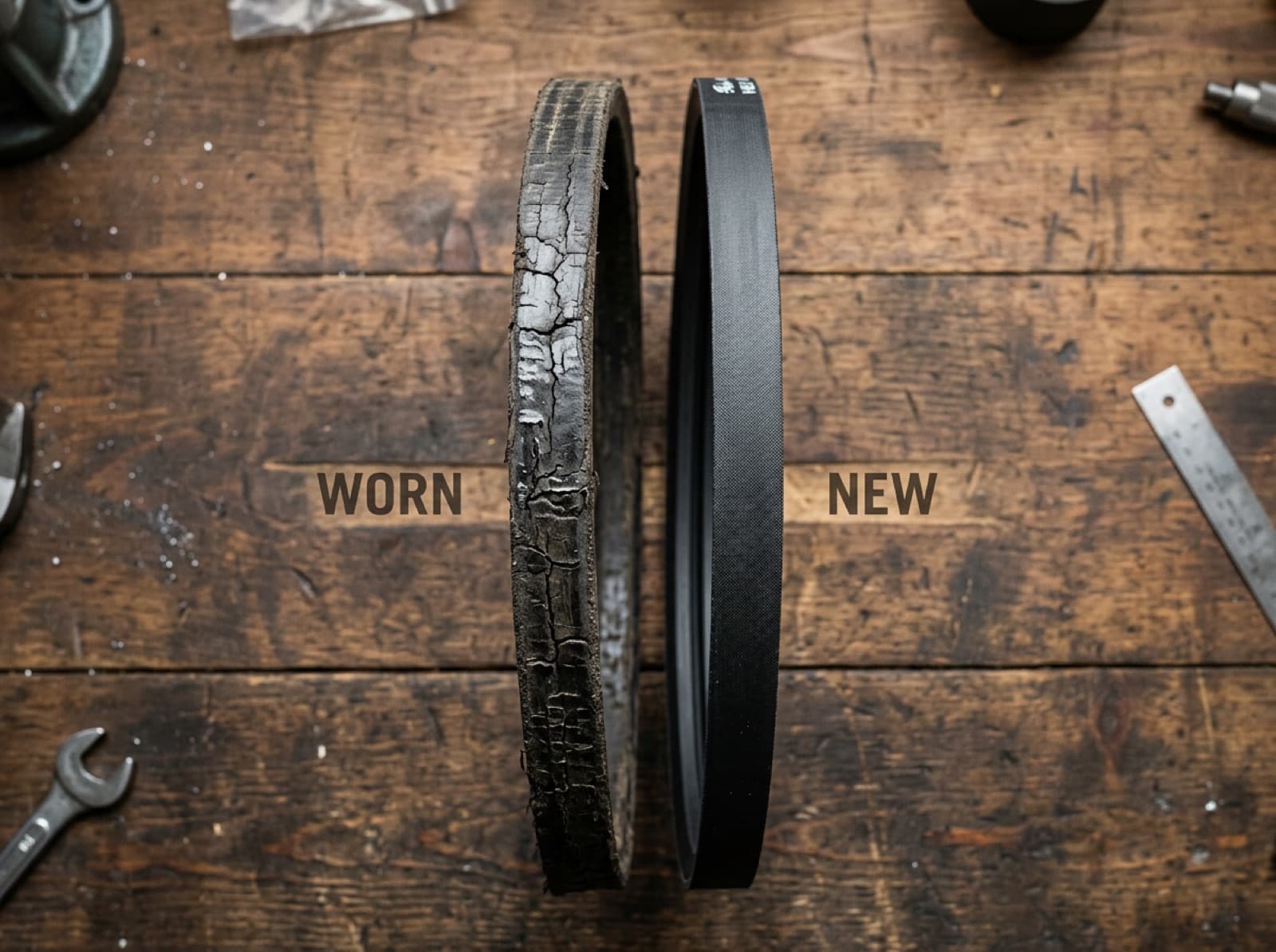 Worn cracked V-belt next to a new V-belt on a workbench